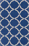 Close-up of the Fraserburgh Area Rug. Hand-woven wool rug in navy blue with a light beige geometric circle pattern. Design-Rectangle-58