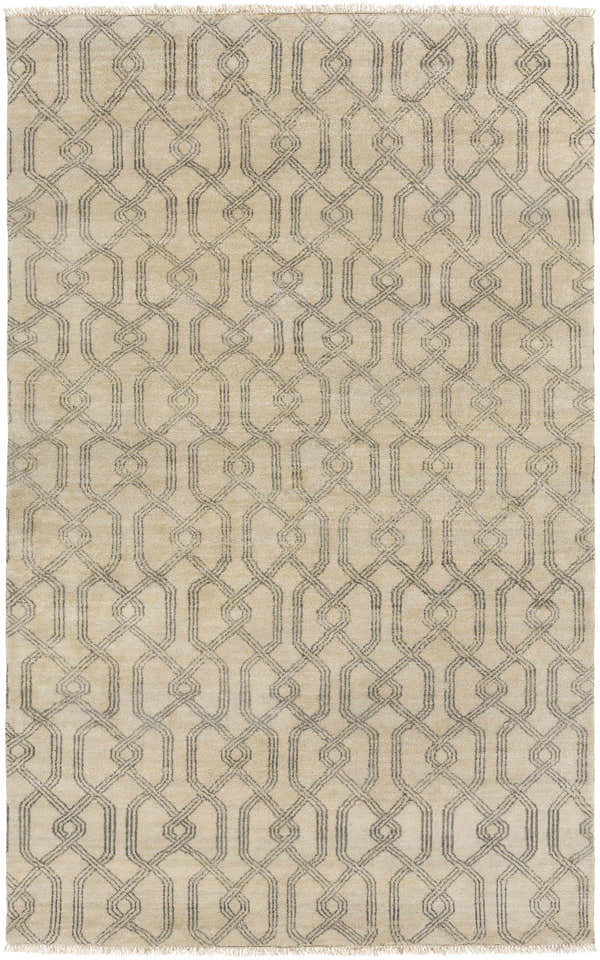 Close-up of the Fairborn Wool Rug. Hand-knotted rug in charcoal and taupe with a geometric linked pattern. Design-Rectangle