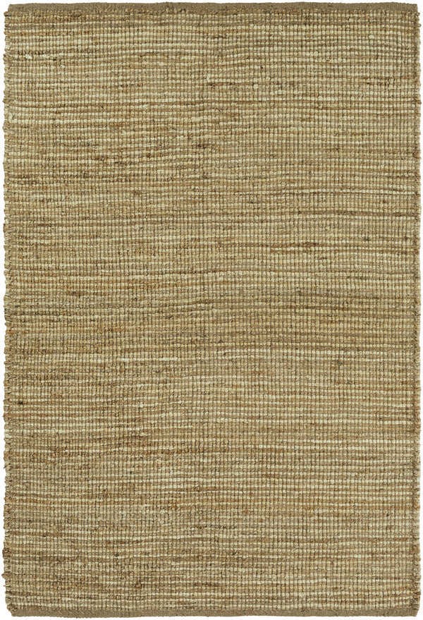 Close-up of the hand woven Frederic Jute Carpet. Tan and grass green jute fibers create a textured, rectangular rug. Design-Rectangle-576