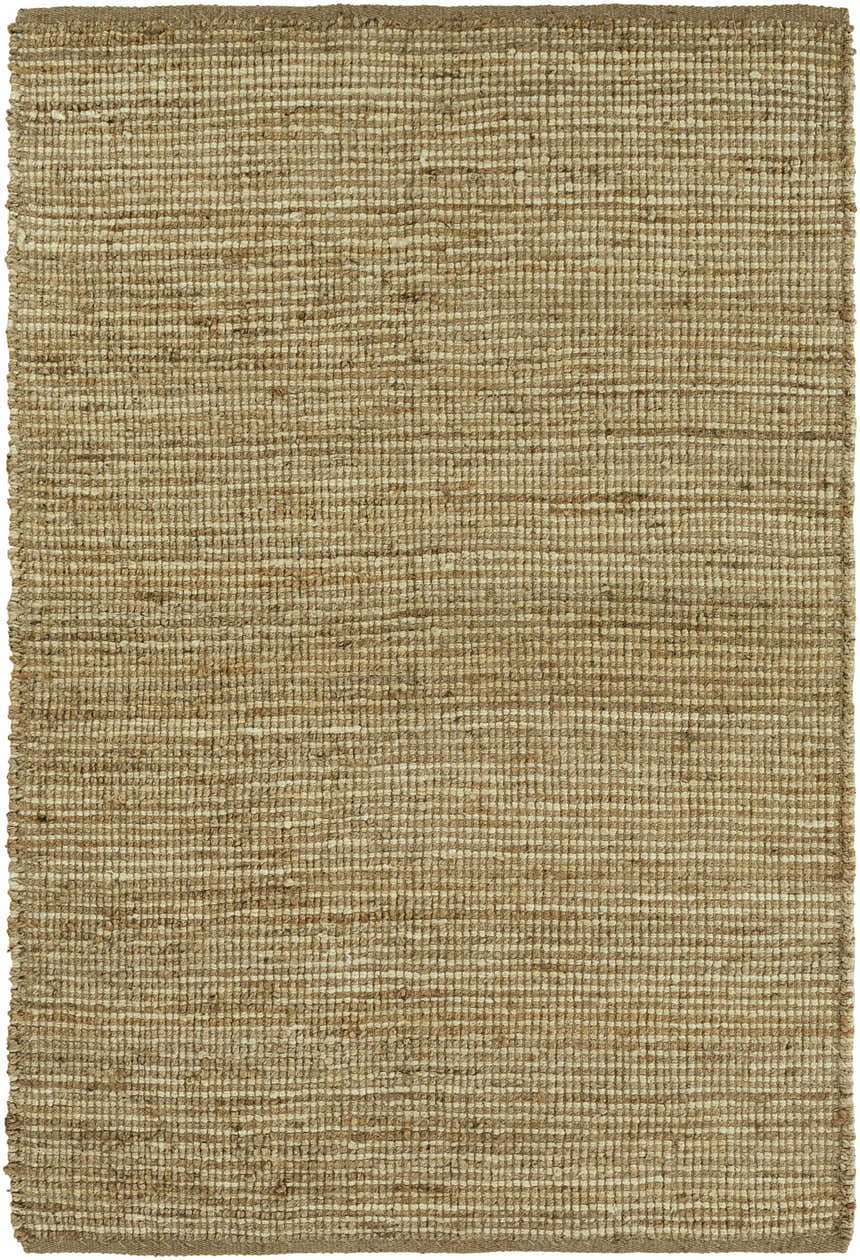 Close-up of the hand woven Frederic Jute Carpet. Tan and grass green jute fibers create a textured, rectangular rug. Design-Rectangle-576