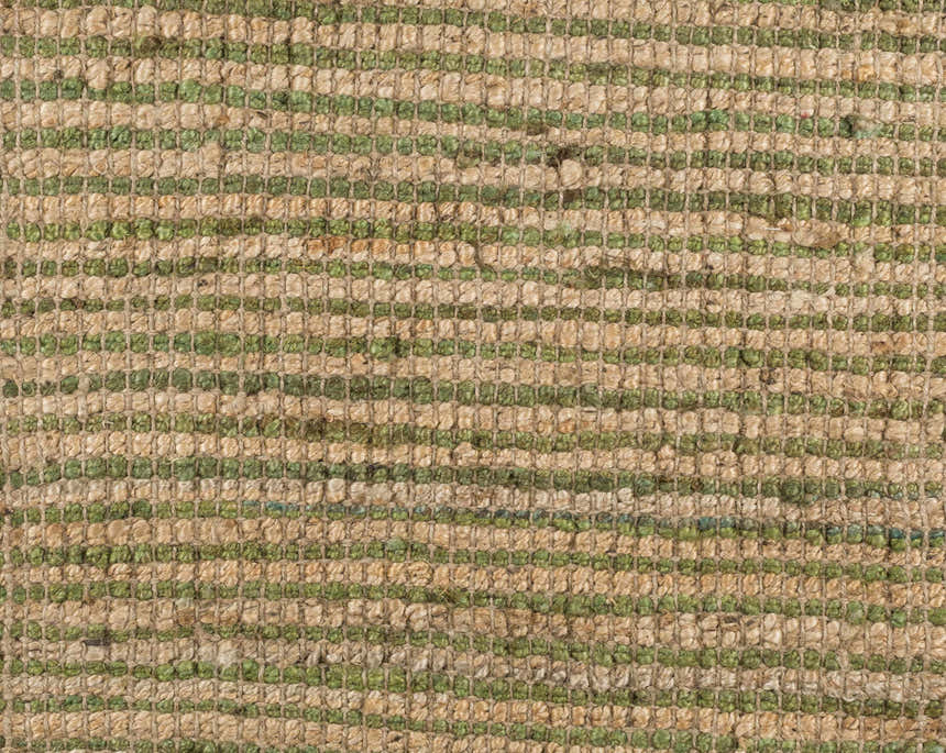 Close-up of Frederic Jute Carpet showing hand-woven texture and grass green and tan stripes. Farmhouse style. Swatch
