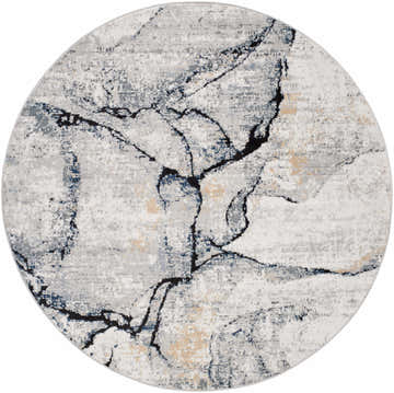 Close-up of a round Fremantle Gray Marble Rug. Cream, gray, gold and blue abstract pattern. Contemporary style. Design-Round-67