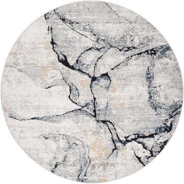 Close-up of the round Fremantle Gray Marble Rug with cream, gray, gold, and blue marble-inspired design. Design-Round-710