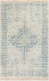 Close-up of the Fairlands Handmade Cotton-blend Rug. Features a traditional blue and beige pattern and fringed edges. Design-Rectangle-576