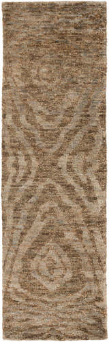 Close-up of the Farmersville Jute Carpet. Hand-knotted rug with a contemporary dark brown and charcoal pattern and textured weave. Design-Runner-268