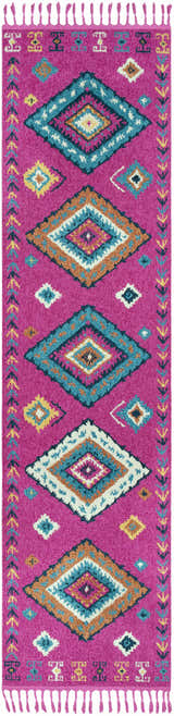 Close-up of Franktown Magenta Carpet runner with bohemian diamond pattern in aqua, blue, camel, and ivory. Tassels on both ends. Design-Runner-2710