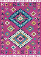 Detailed view of the Franktown Magenta Carpet, featuring a bohemian diamond pattern in aqua, blue, and fuchsia. Design-Rectangle-71010
