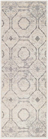 Close-up of the Frenchtown Area Rug. Features a geometric pattern in ivory and gray. Soft texture. Design-Runner-2776