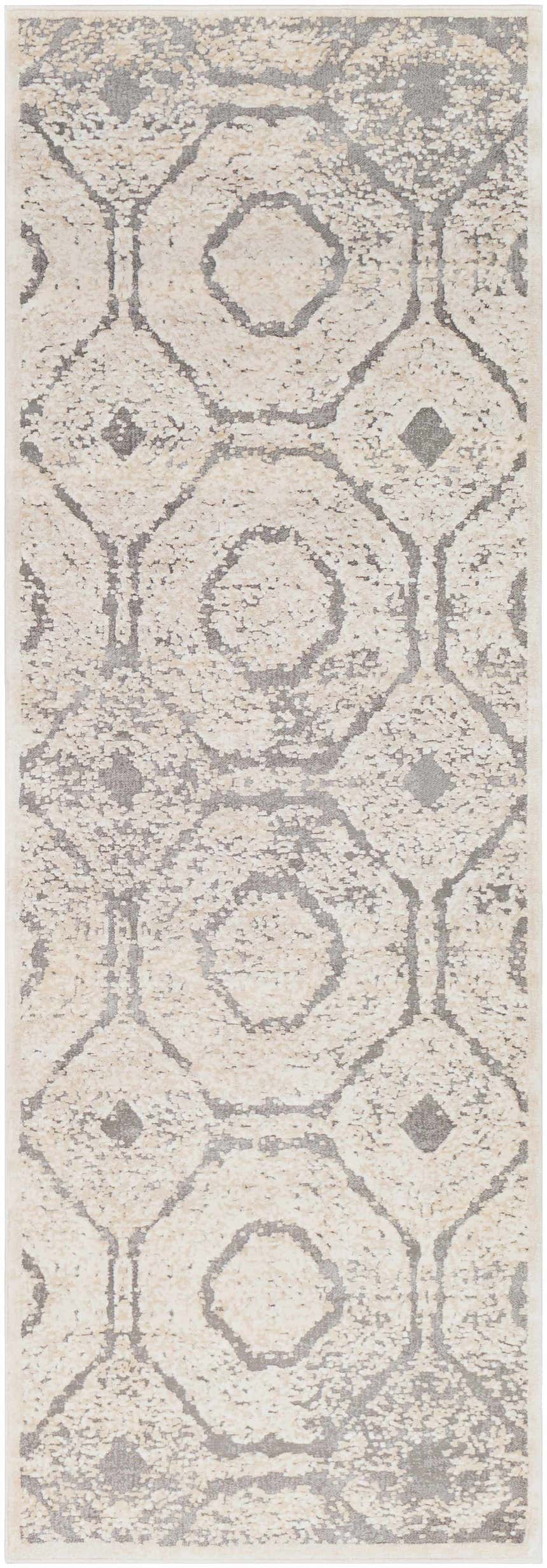 Close-up of the Frenchtown Area Rug. Features a geometric pattern in ivory and gray. Soft texture. Design-Runner-2776