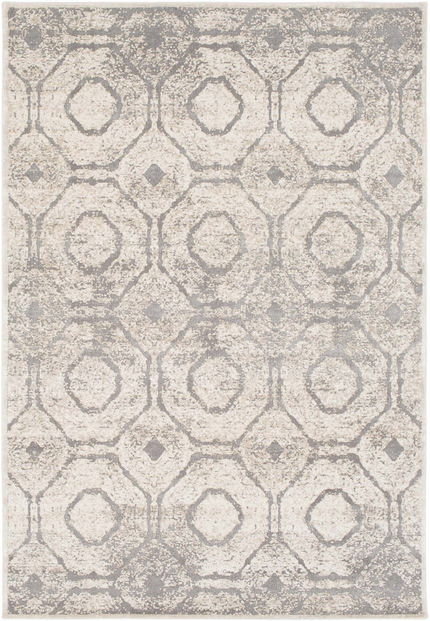 Close-up of the Frenchtown Area Rug - Clearance, featuring a geometric octagon pattern in soft gray and ivory tones. Design-Rectangle-5376