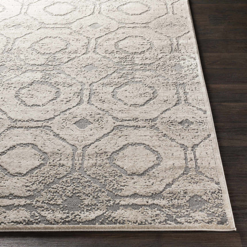 Close up of the Frenchtown Area Rug showing a geometric pattern in beige and gray. Front