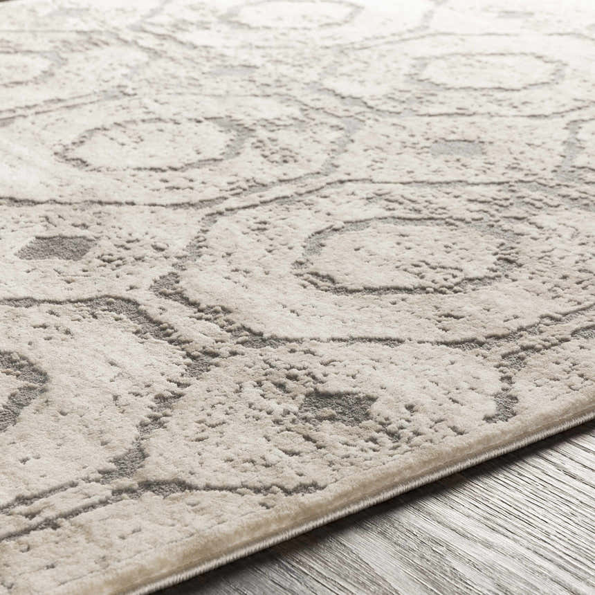 Close-up of the Frenchtown Area Rug, showing its textured, light beige and gray swirling pattern. Texture