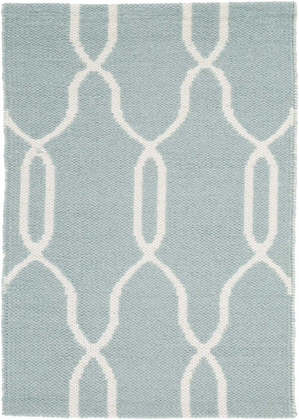 Close-up of Franklintown Reversible Area Rug. Aqua wool rug with cream geometric trellis pattern. Hand woven texture. Design-Rectangle-23
