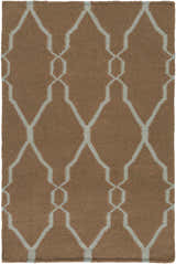 Close-up of the Frost Area Rug. Hand-woven wool rug in medium brown with a dusty sage geometric trellis pattern. Design-Rectangle-23