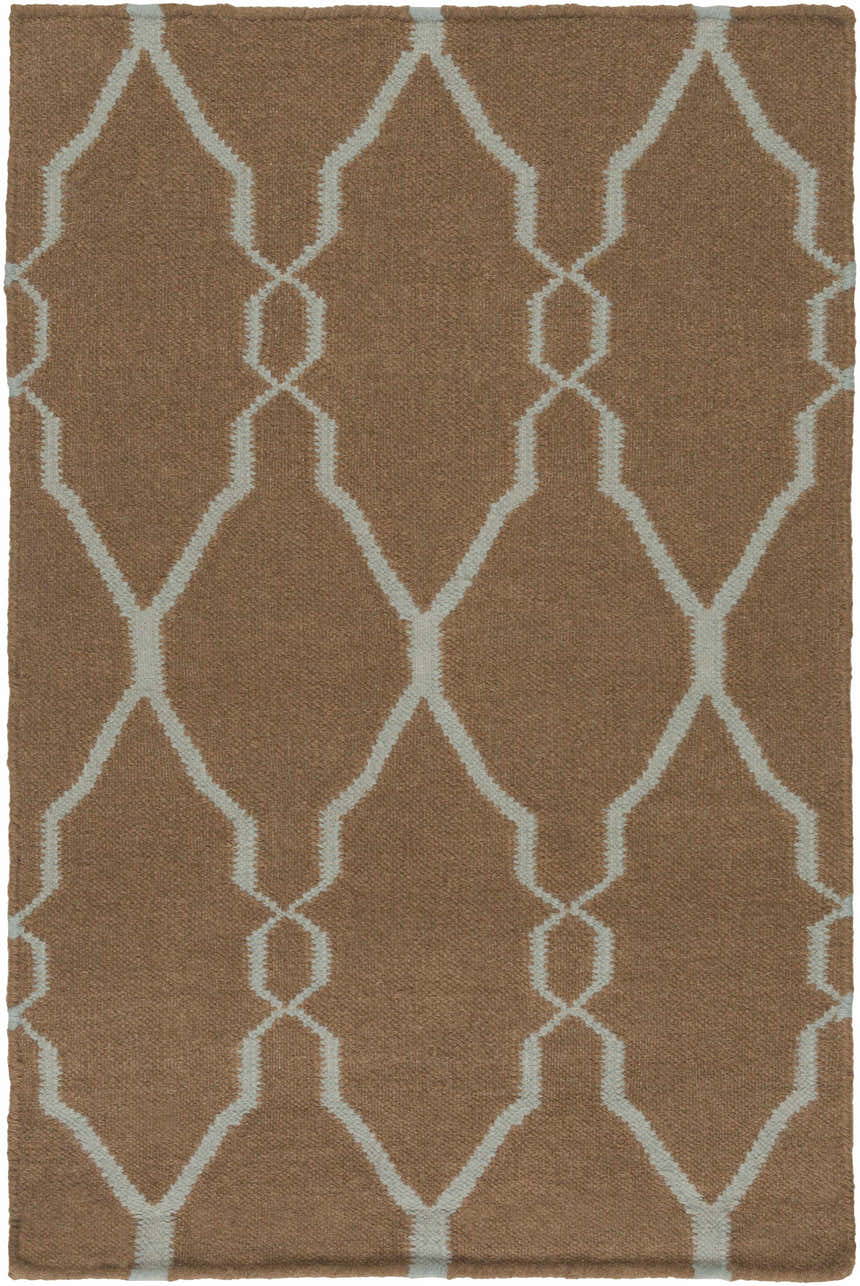 Close-up of the Frost Area Rug. Hand-woven wool rug in medium brown with a dusty sage geometric trellis pattern. Design-Rectangle-23