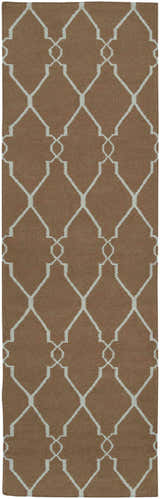 Close-up of the Frost Area Rug in dusty sage and medium brown, featuring a hand woven geometric trellis pattern. Design-Runner-268