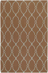 Close-up of a Frost Area Rug. Hand-woven wool rug in dusty sage and medium brown with a geometric trellis pattern. Design-Rectangle-58