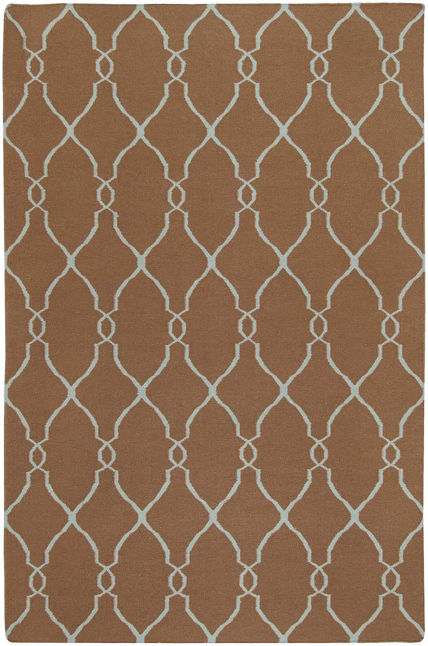 Close-up of a Frost Area Rug. Hand-woven wool rug in dusty sage and medium brown with a geometric trellis pattern. Design-Rectangle-58