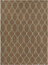 Close-up of the Frost Area Rug. Hand-woven wool rug in dusty sage and medium brown with a geometric trellis pattern. Design-Rectangle-811