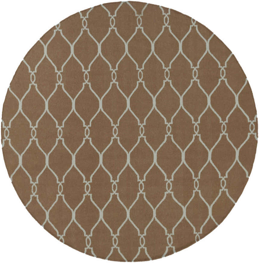 Round Frost Area Rug in medium brown wool with a white trellis pattern. Design-Round