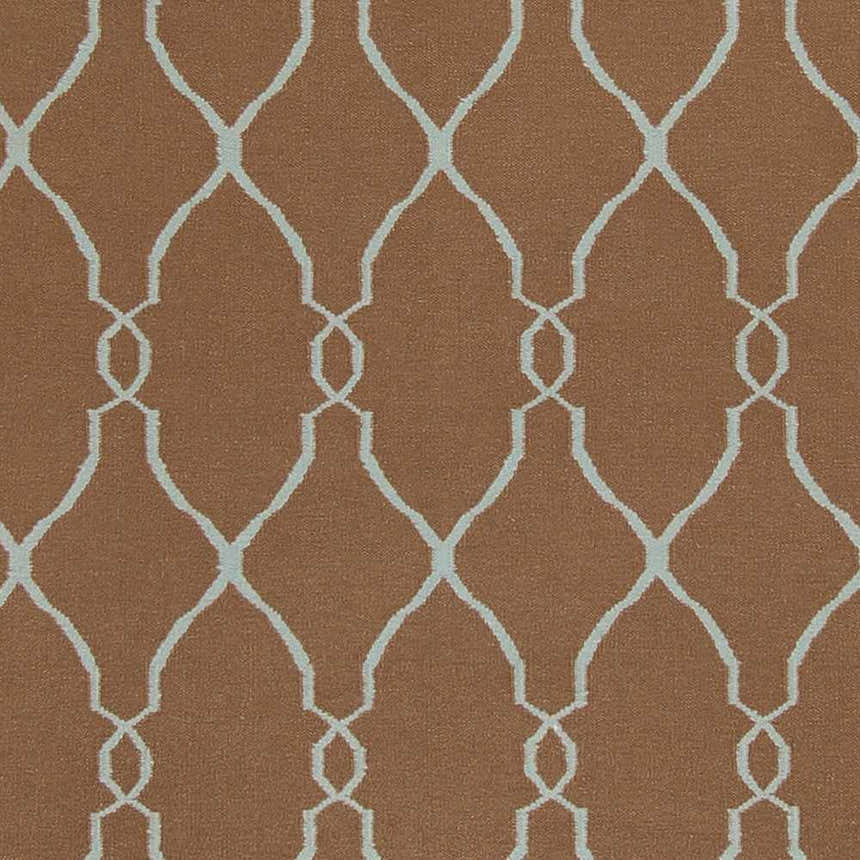 Close-up of the Frost Area Rug. Brown wool rug with a dusty sage, geometric lattice pattern. Swatch
