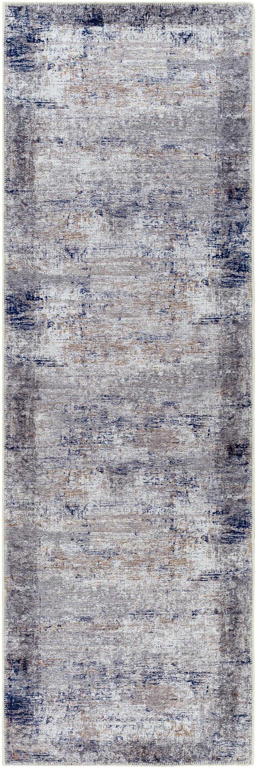 Close-up of Fairplains Washable Area Rug. Distressed vintage design in charcoal, dark blue, gray, and medium brown. Design-Runner-27710