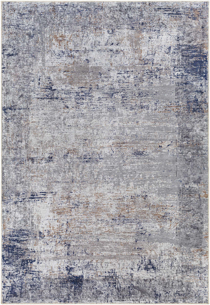 Fairplains Washable Area Rug, close-up showing abstract design in charcoal, dark blue, gray, and brown hues. Design-Rectangle-5373