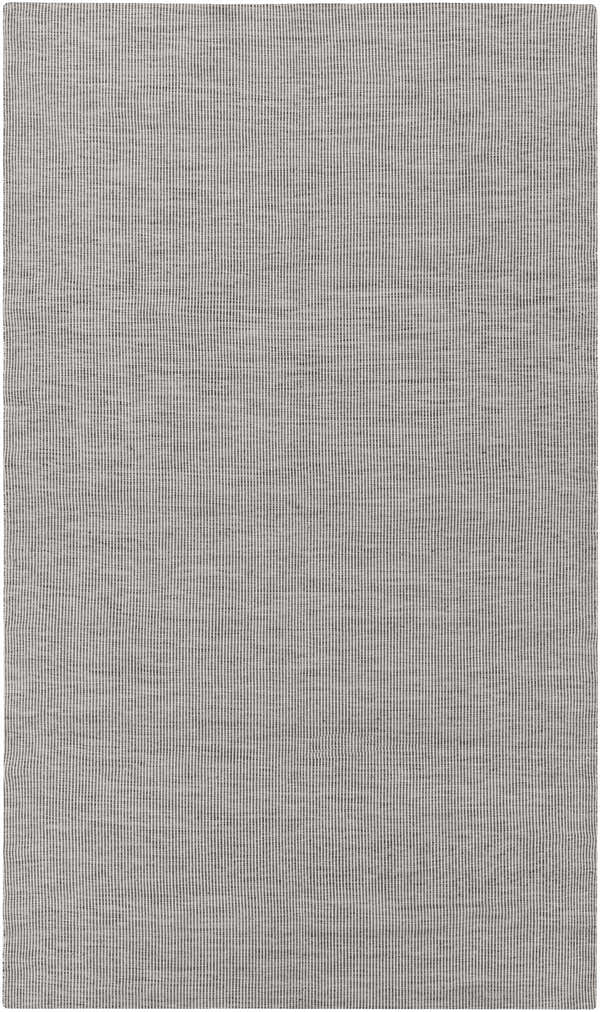 Close-up of the Ferryhill Area Rug; a hand woven, contemporary rug in black, cream, and light slate. Design-Rectangle-576