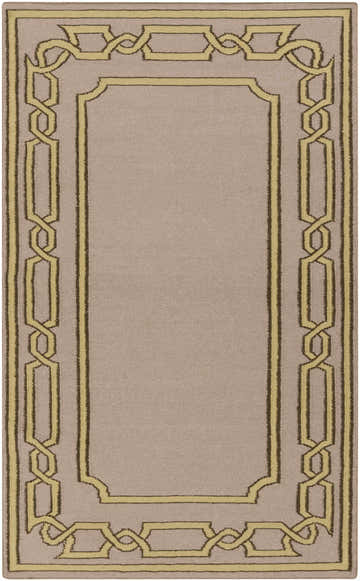 Close-up of the Fruitvale Area Rug. Taupe rug with a tan and brown geometric border. Hand woven wool rug. Design-Rectangle