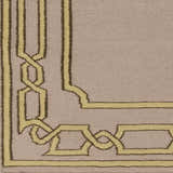 Close-up of the Fruitvale Area Rug, a hand-woven wool rug with a geometric dark brown and tan border on a taupe field. Swatch