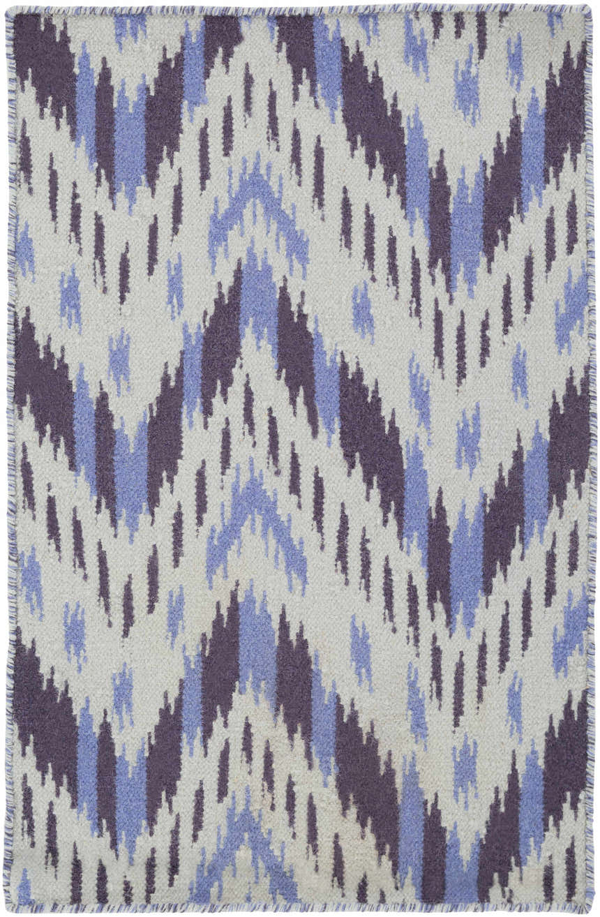Close-up of Fryeburg Area Rug. Hand woven wool rug with beige ground and lavender, purple ikat pattern. Design-Rectangle-23