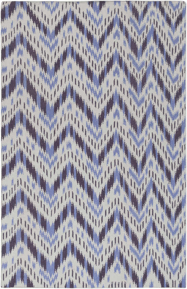 Close-up of Fryeburg Area Rug. Hand-woven wool rug with beige, lavender, and purple chevron pattern. Contemporary style. Design-Rectangle-58