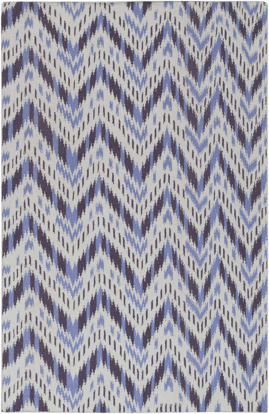 Close-up of Fryeburg Area Rug. Hand-woven wool rug with beige, lavender, and purple chevron pattern. Contemporary style. Design-Rectangle-58