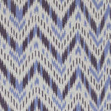 Close-up of Fryeburg Area Rug: Beige wool with lavender and purple ikat chevron pattern. Hand woven texture. Swatch