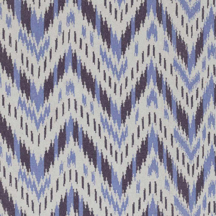 Close-up of Fryeburg Area Rug: Beige wool with lavender and purple ikat chevron pattern. Hand woven texture. Swatch