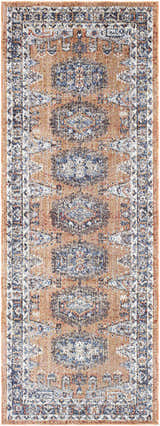 Detailed view of the Fullarton Performance Rug in beige, blue, and red with a traditional oriental pattern. Machine woven texture. Design-Runner-2773