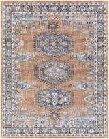 Fullarton Performance Rug with a traditional oriental design in beige, blue, and brick red tones. Machine woven polyester rug. Design-Rectangle-71010