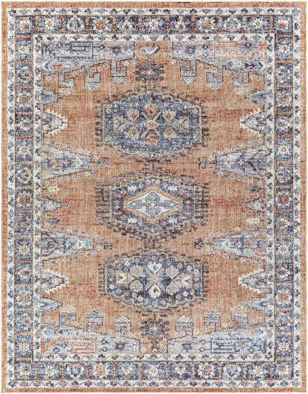 Fullarton Performance Rug with a traditional oriental design in beige, blue, and brick red tones. Machine woven polyester rug. Design-Rectangle-71010