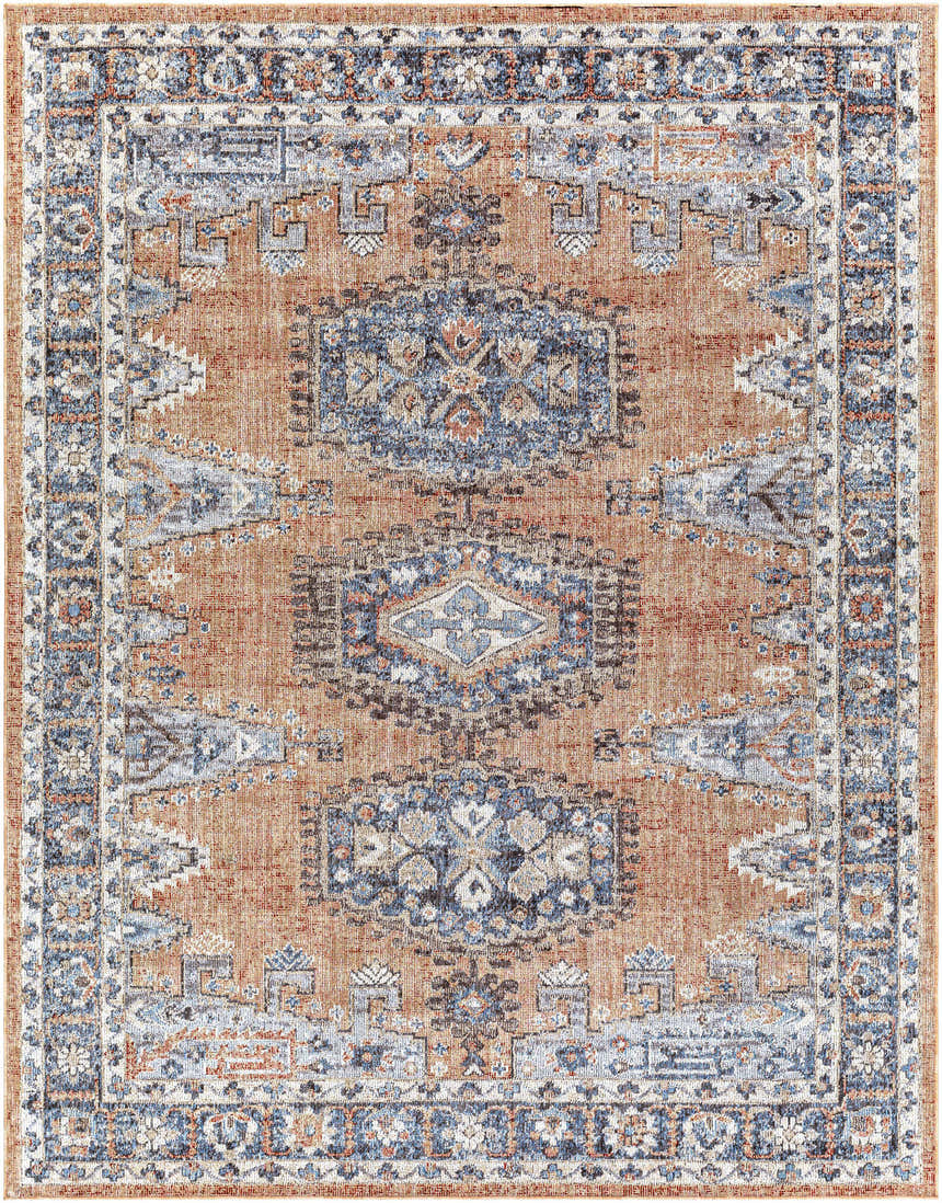 Fullarton Performance Rug with a traditional oriental design in beige, blue, and brick red tones. Machine woven polyester rug. Design-Rectangle-71010