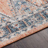 Close-up of Fullarton Performance Rug showing beige, blue, and red tones in a distressed, traditional pattern. Texture