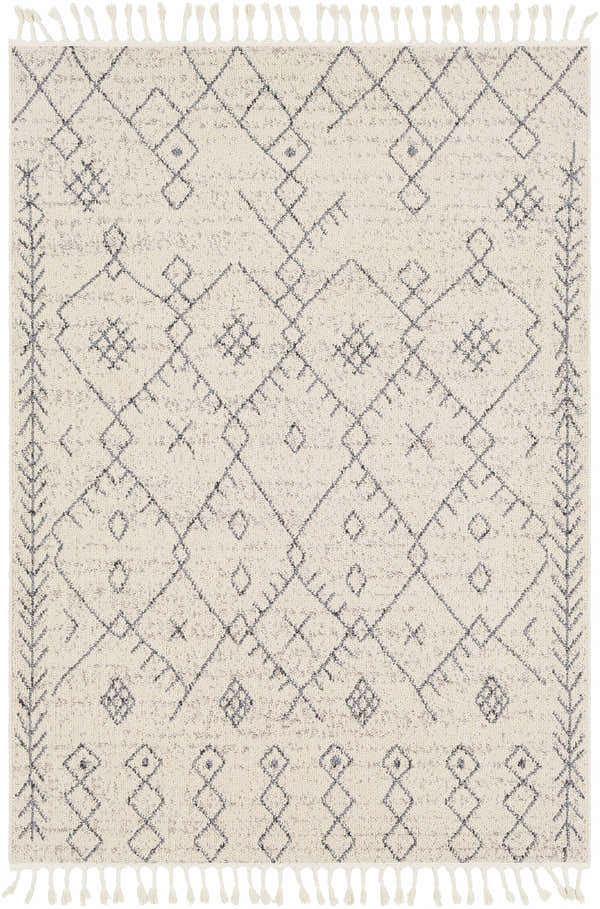 Ivory and tan Furman Area Rug with geometric pattern and fringe. Farmhouse style. Design-Rectangle-573