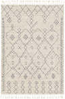 Ivory and tan Furman Area Rug with geometric pattern and fringe. Farmhouse style. Design-Rectangle-573