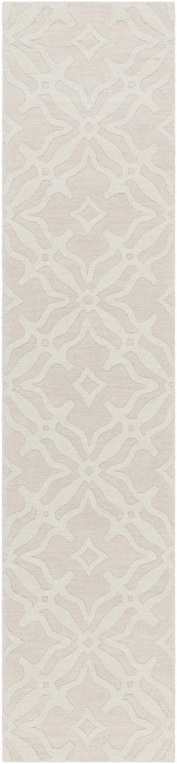 Close-up of the Fyffe Embossed Beige Wool Area Rug featuring a subtle geometric pattern and soft, textured wool. Design-Runner-310