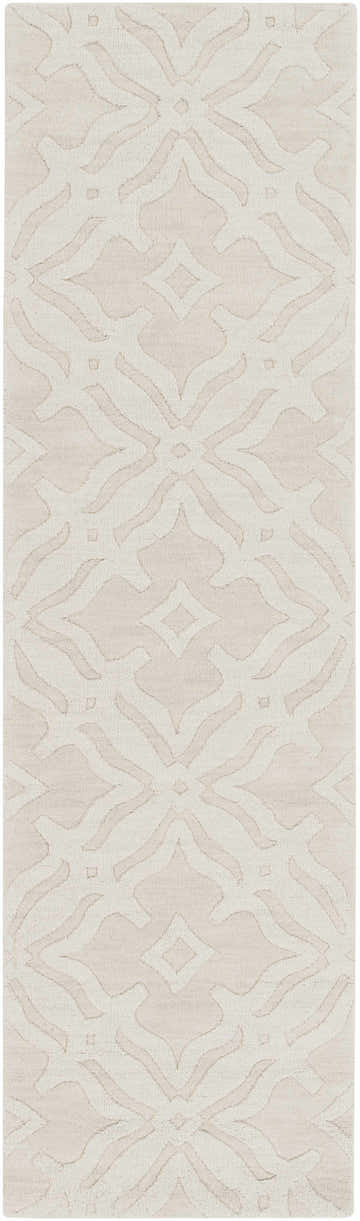 Close-up of the Fyffe Embossed Beige Wool Area Rug with a subtle, raised geometric pattern and soft, neutral tones. Design-Runner-38