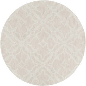 Close-up of a round Fyffe Embossed Beige Wool Area Rug featuring a subtle, geometric embossed pattern. Design-Round-6