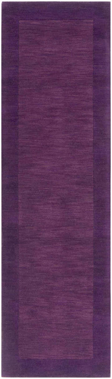 Close-up of a Bordered Solid Plum Purple Wool Rug. The rug has a dark plum border and a dark purple center. Design-Runner-268