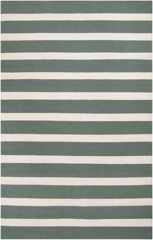 Close-up of Galliano Area Carpet. Hand woven wool rug with dark green and light beige horizontal stripes. Design-Rectangle