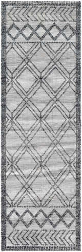Close-up of the Gada Area Rug. Hand-woven, farmhouse style with a geometric diamond pattern in dark gray and light gray. Design-Runner-268