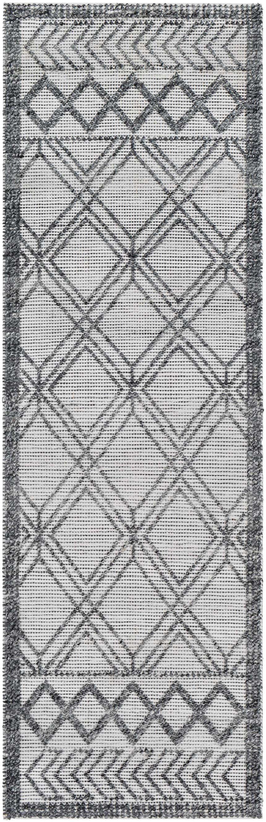 Close-up of the Gada Area Rug. Hand-woven, farmhouse style with a geometric diamond pattern in dark gray and light gray. Design-Runner-268