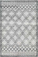 Close-up of the Gada Area Rug. Hand-woven rug with a geometric diamond pattern in dark gray and light gray. Design-Rectangle-576